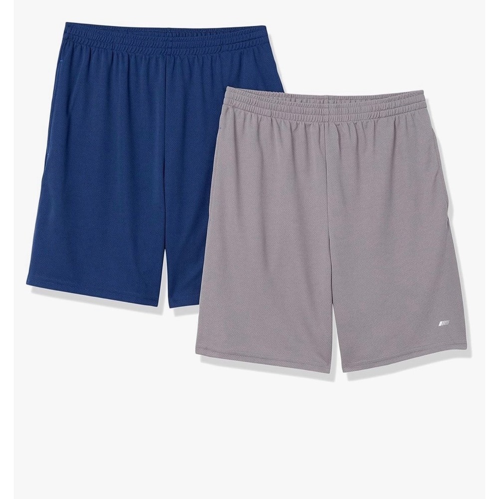 Amazon Essentials 2 Pk Men's Large Athletic Shorts Loose Fit Quick Dry Blue Gray